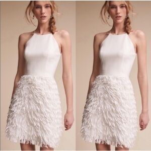 BHLDN x Aidan Mattox Chic White Fringe Mini Dress perfect for Rehearsal Dinner